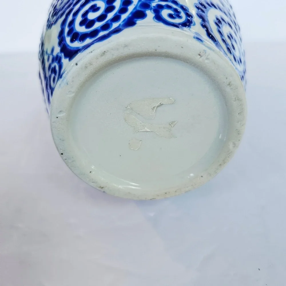 Vintage Blue and White Swirl Hand Painted Ceramic Vase 12.5